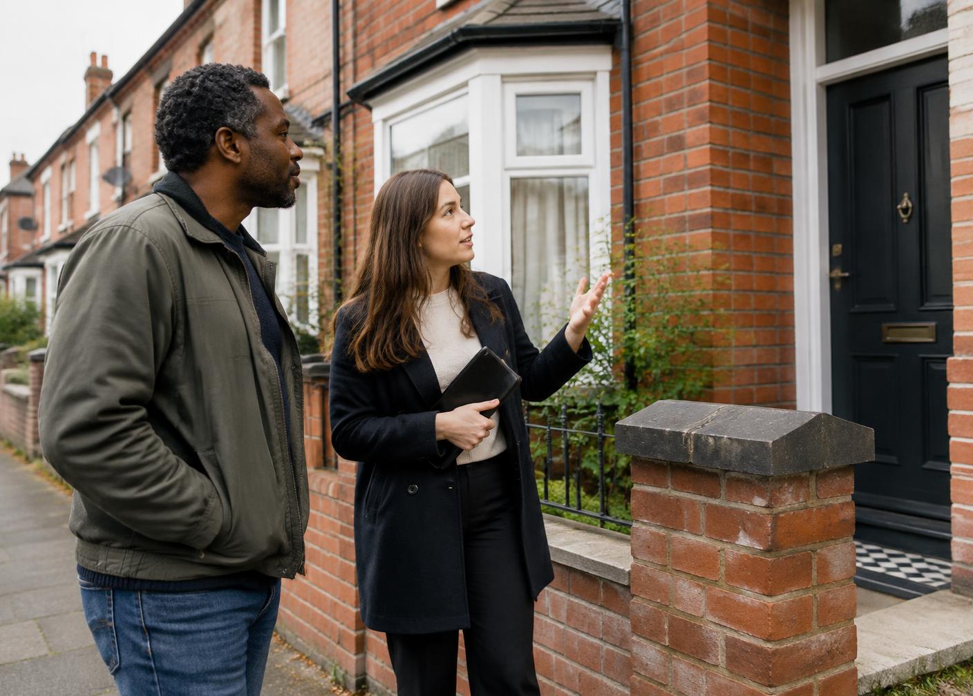 A Lantern Homes colleague talking with a landlord outside a red-brick terraced house