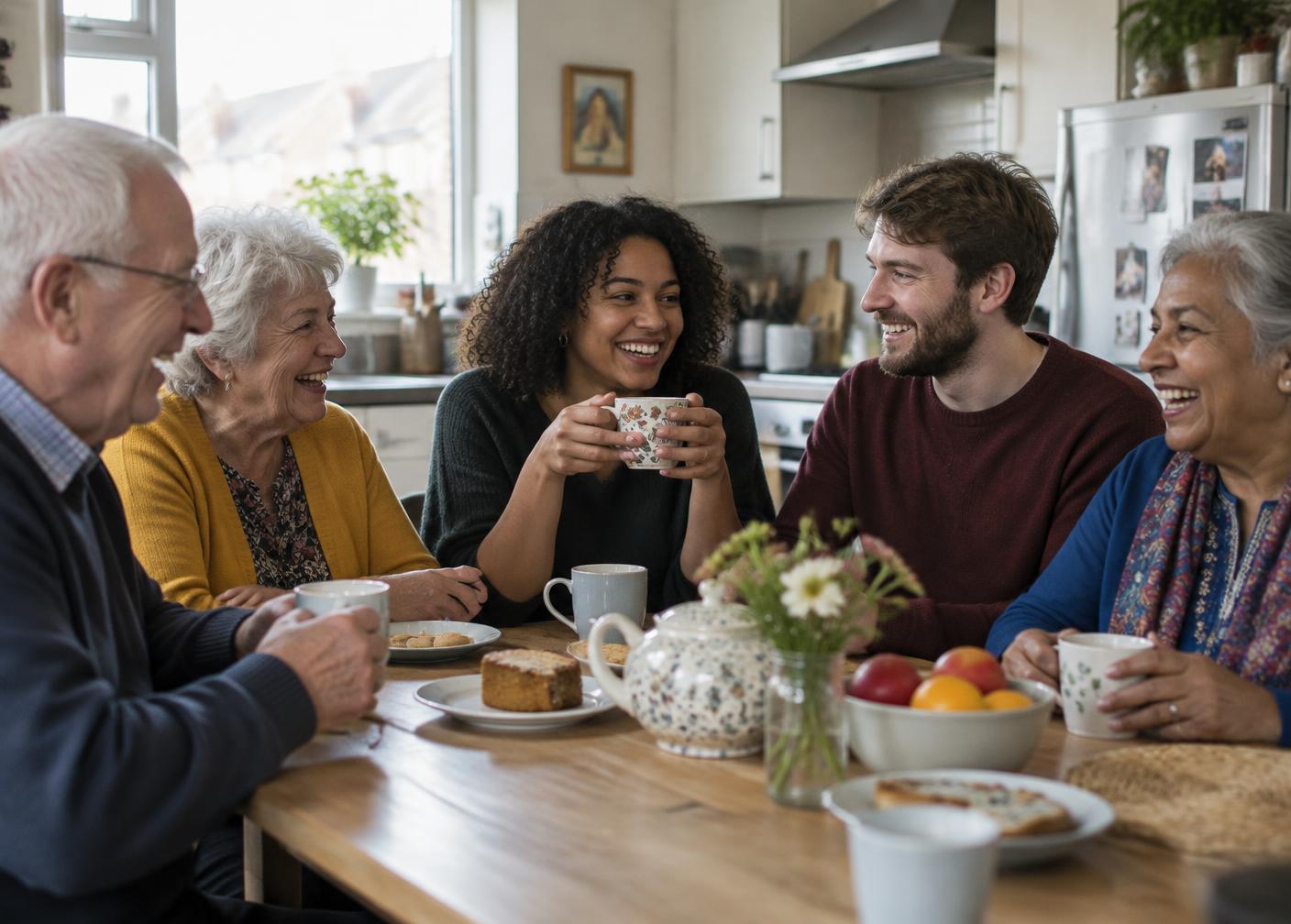 Adults of different ages laughing and talking over tea at a kitchen table