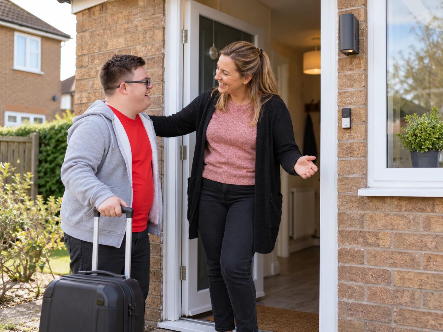A support worker welcoming a young man with a suitcase at the door of his new home